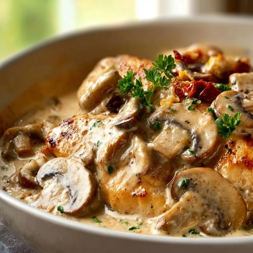 Poulet à la crème et aux champignons servi avec des herbes fraîches