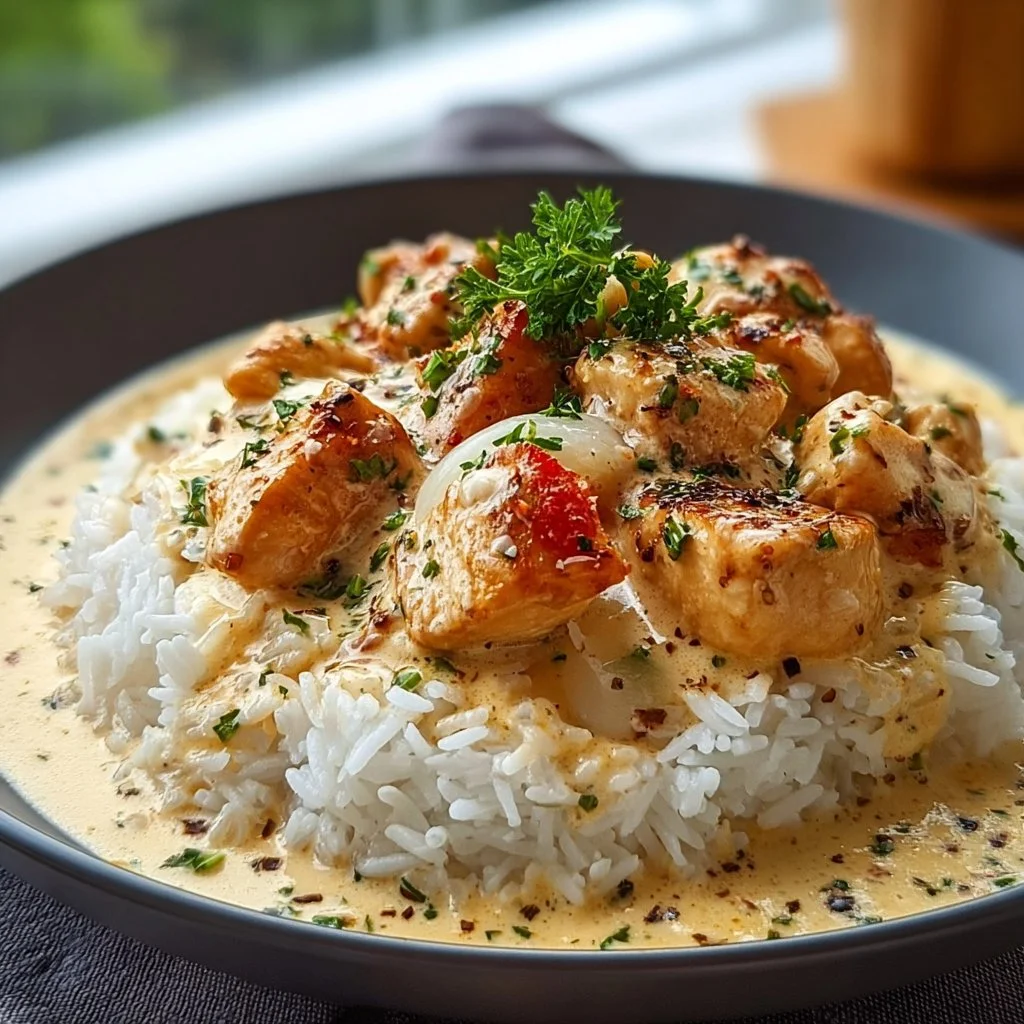 Plat de Poulet Crémeux avec Riz Fondant, une recette délicieuse et réconfortante.