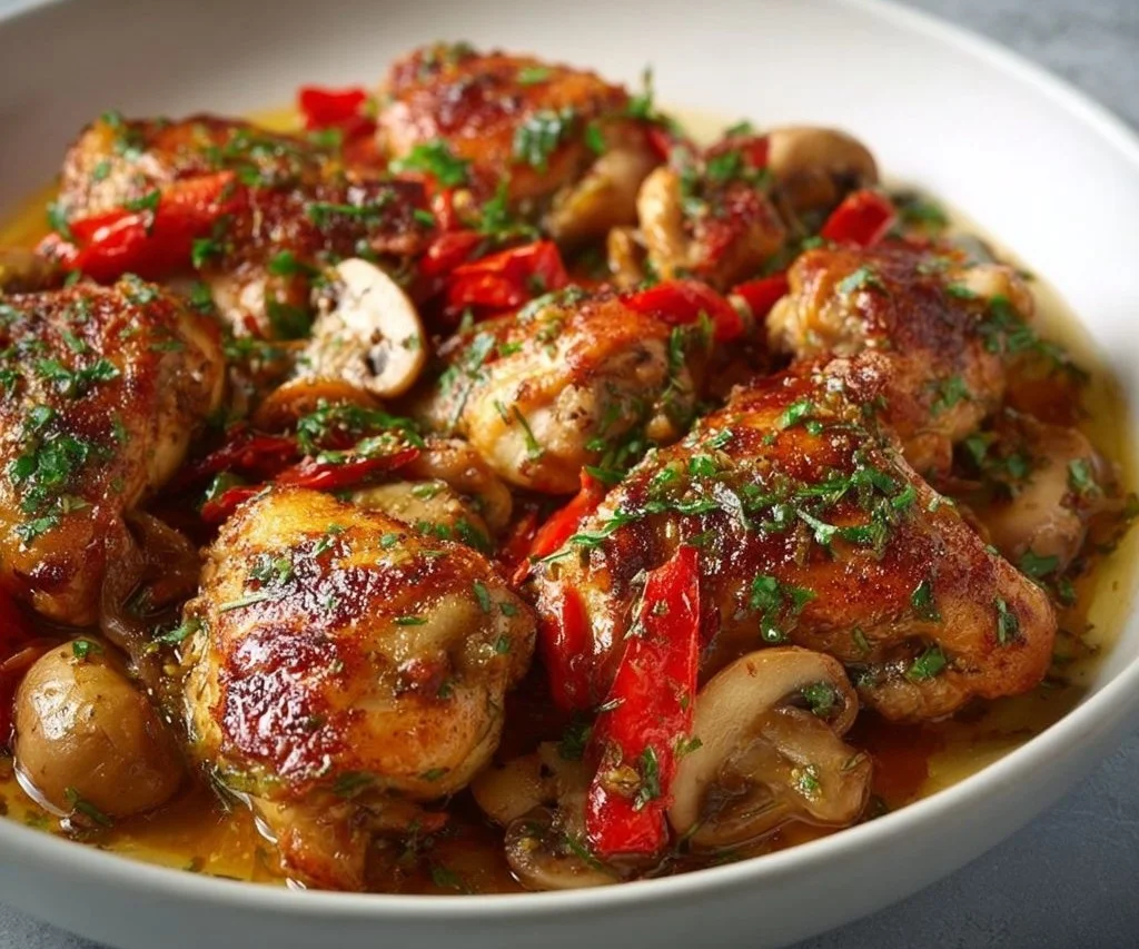 Plat de Poulet Scarpariello avec légumes et herbes