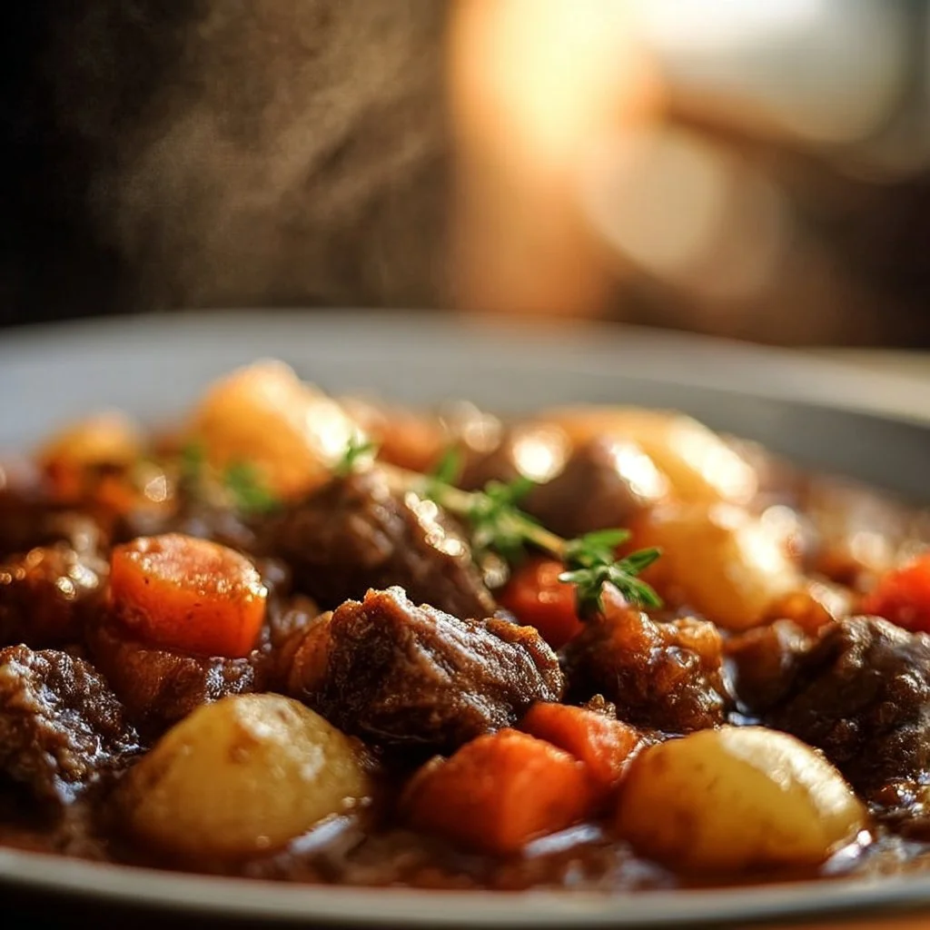 Ragoût des pauvres mijoté dans une mijoteuse avec des légumes et de la viande
