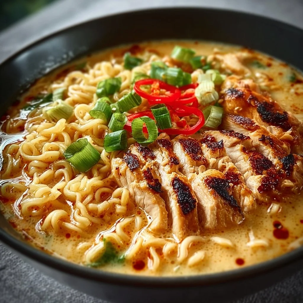 Ramen au poulet &eacute;pic&eacute; dans une sauce cr&eacute;meuse