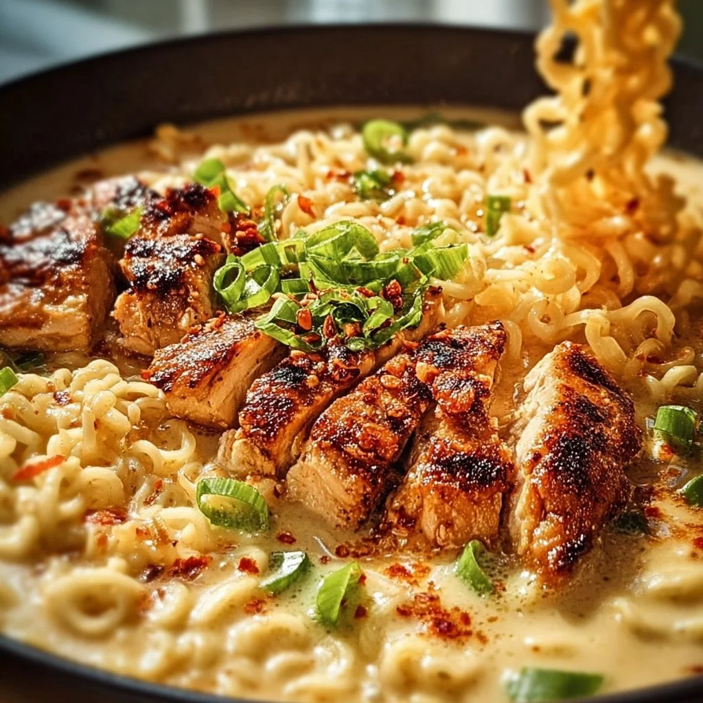 Ramen au poulet &eacute;pic&eacute; dans une sauce cr&eacute;meuse