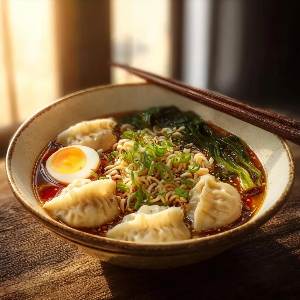 Bol de ramen garni de dumplings savoureux