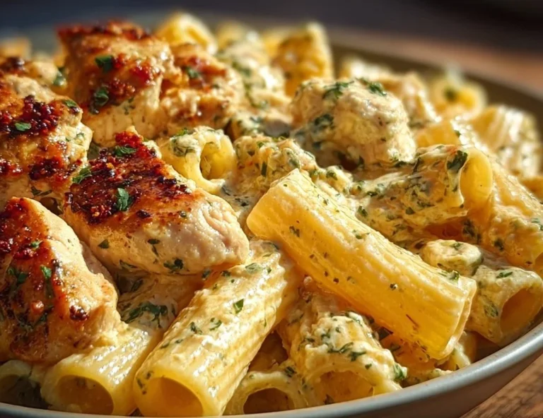 Assiette de rigatoni au poulet crémeux et fromage, un plat savoureux et réconfortant