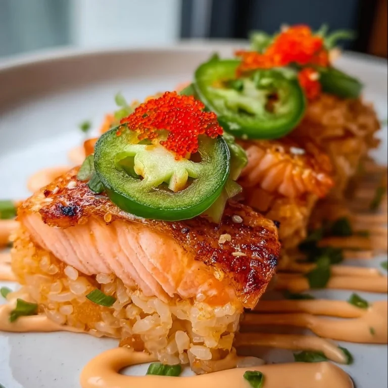 Riz croustillant au saumon servi dans une assiette colorée