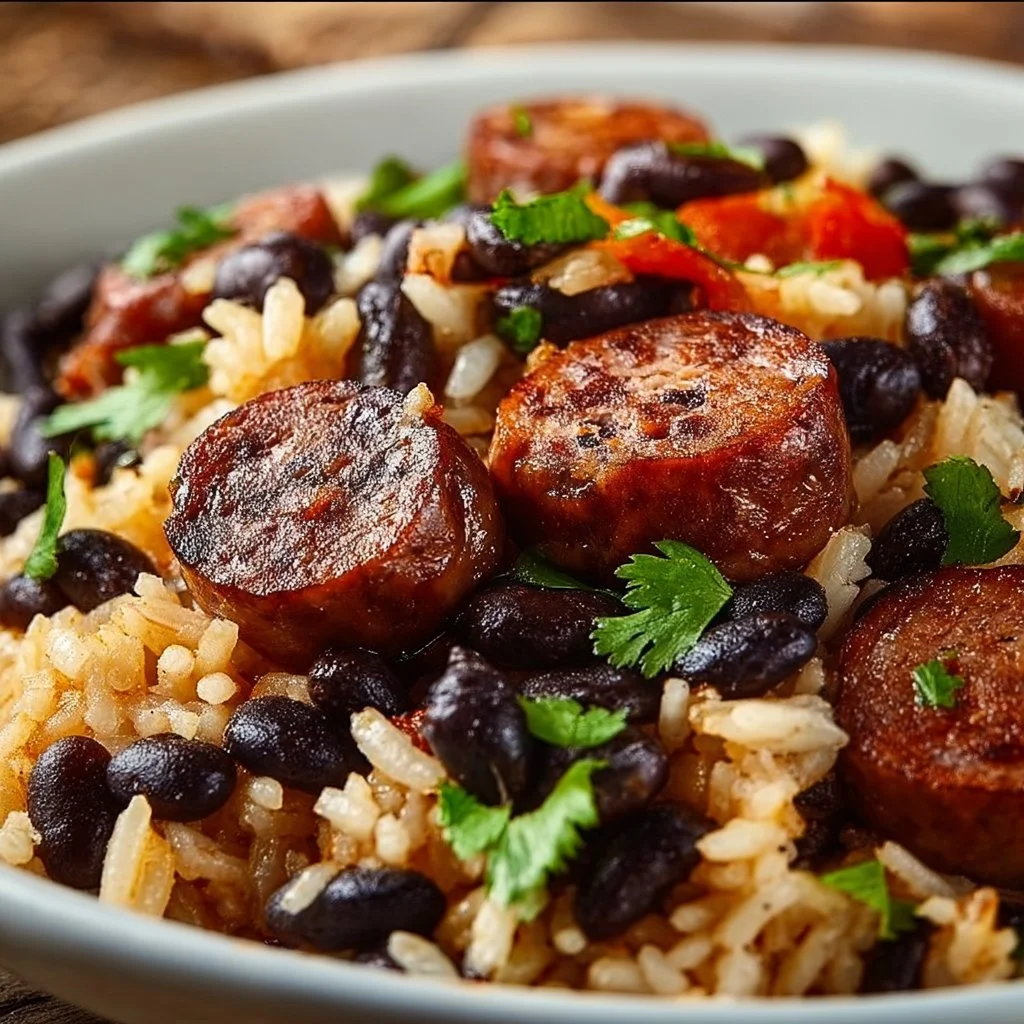 Riz Poêlé aux Haricots Noirs et Saucisse dans une assiette garnie.
