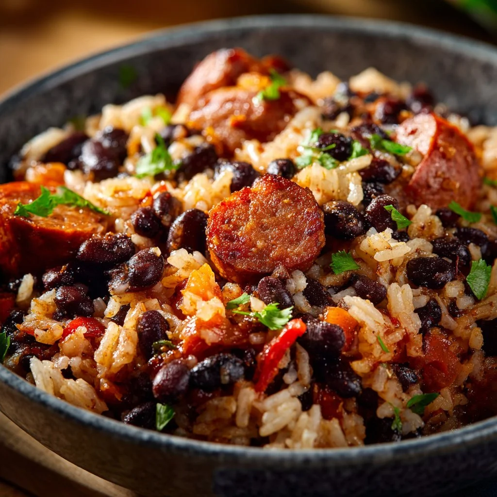 Riz Poêlé aux Haricots Noirs et Saucisse