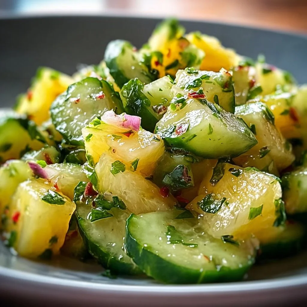 Salade d'ananas et de concombre fraîche et colorée dans un bol