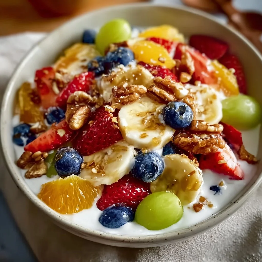 Salade de fruits pour le petit-déjeuner avec yaourt au miel crémeux