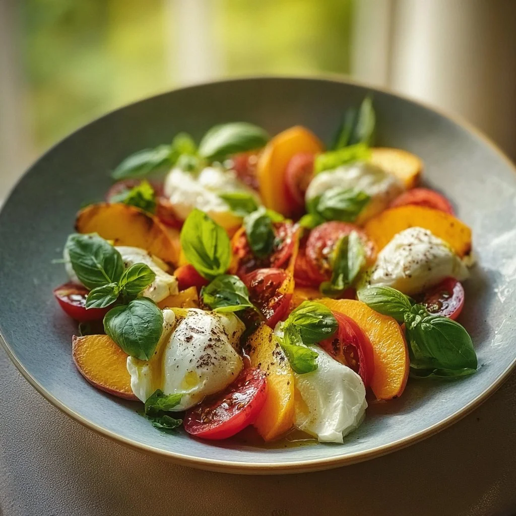 Salade estivale à la burrata et aux pêches, un plat frais et coloré pour l'été