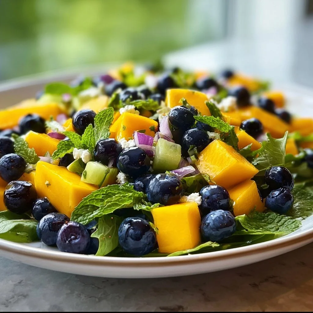 Salade tropicale à la mangue et aux myrtilles garnie de fruits frais.