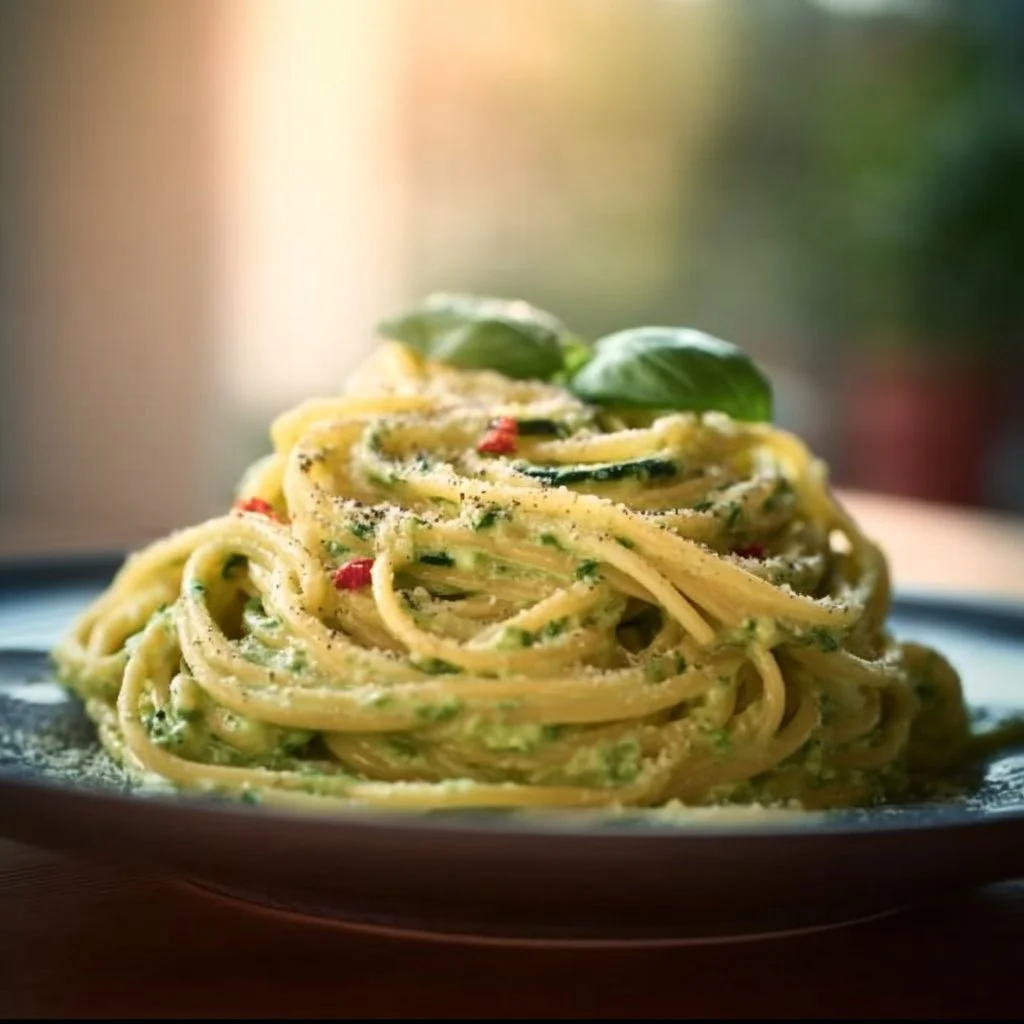 Spaghettis de courgettes à la crème dans un plat coloré