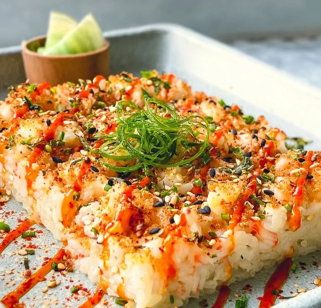 Sushi au four avec du crabe surimi (casserole de sushi)