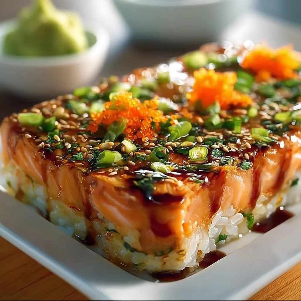 Sushi au saumon gratiné savoureux et réconfortant, prêt en un rien de temps.