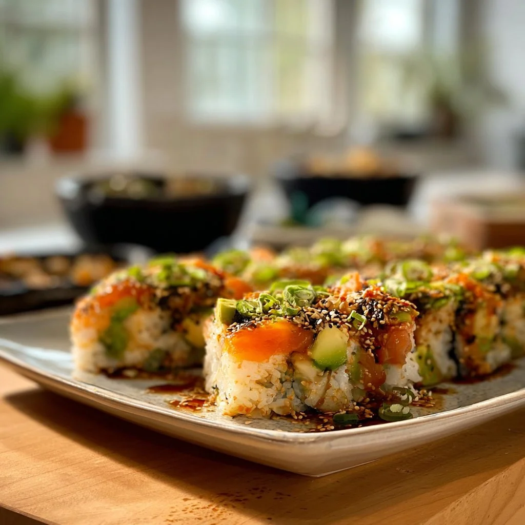 Sushi Bake savoureux prêt à être dégusté avec des ingrédients frais et colorés.