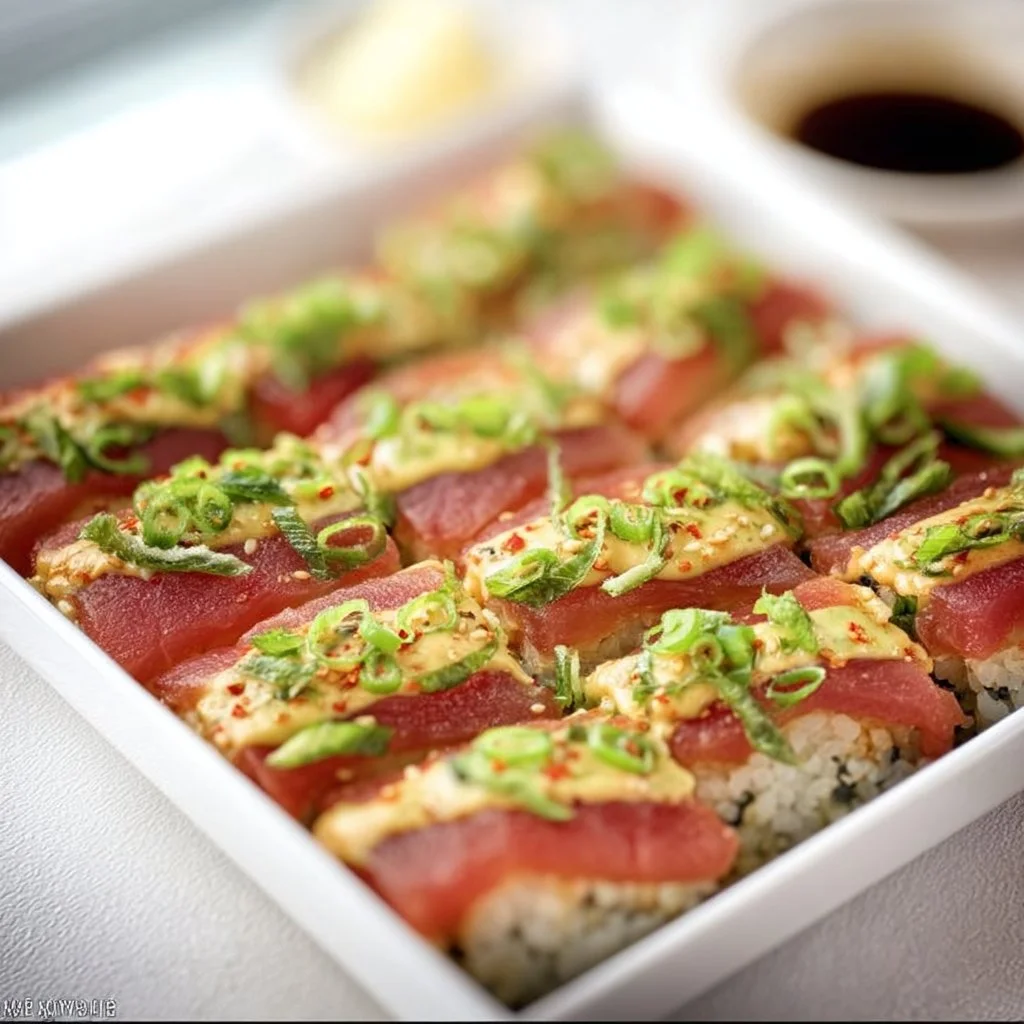 Sushi piquant au thon avec garniture colorée et présentation appétissante.