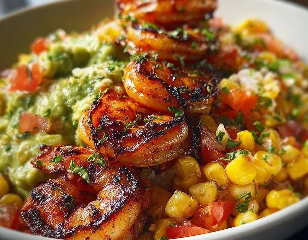 Bol de crevettes grillées avec salsa d'avocat et maïs facile
