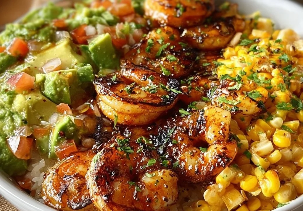 Bol de crevettes grillées avec salsa d'avocat et maïs facile