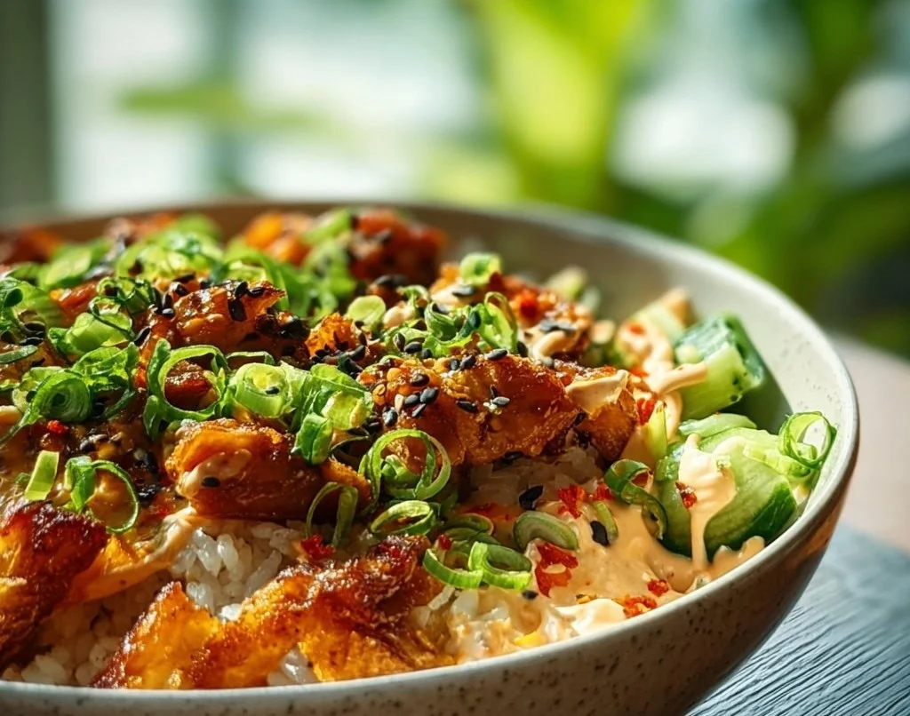 Bol de poulet Bang Bang avec sauce épicée et garnitures colorées