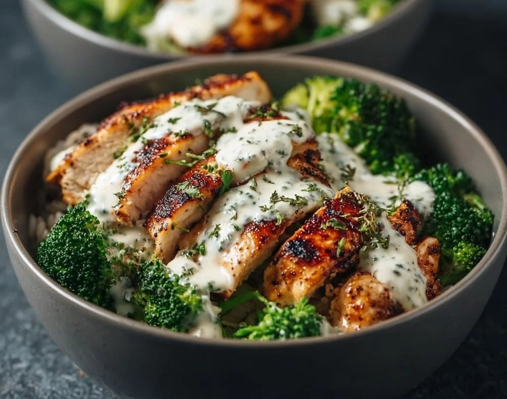 Bols de poulet grillé et brocoli, sauce à l’ail onctueuse