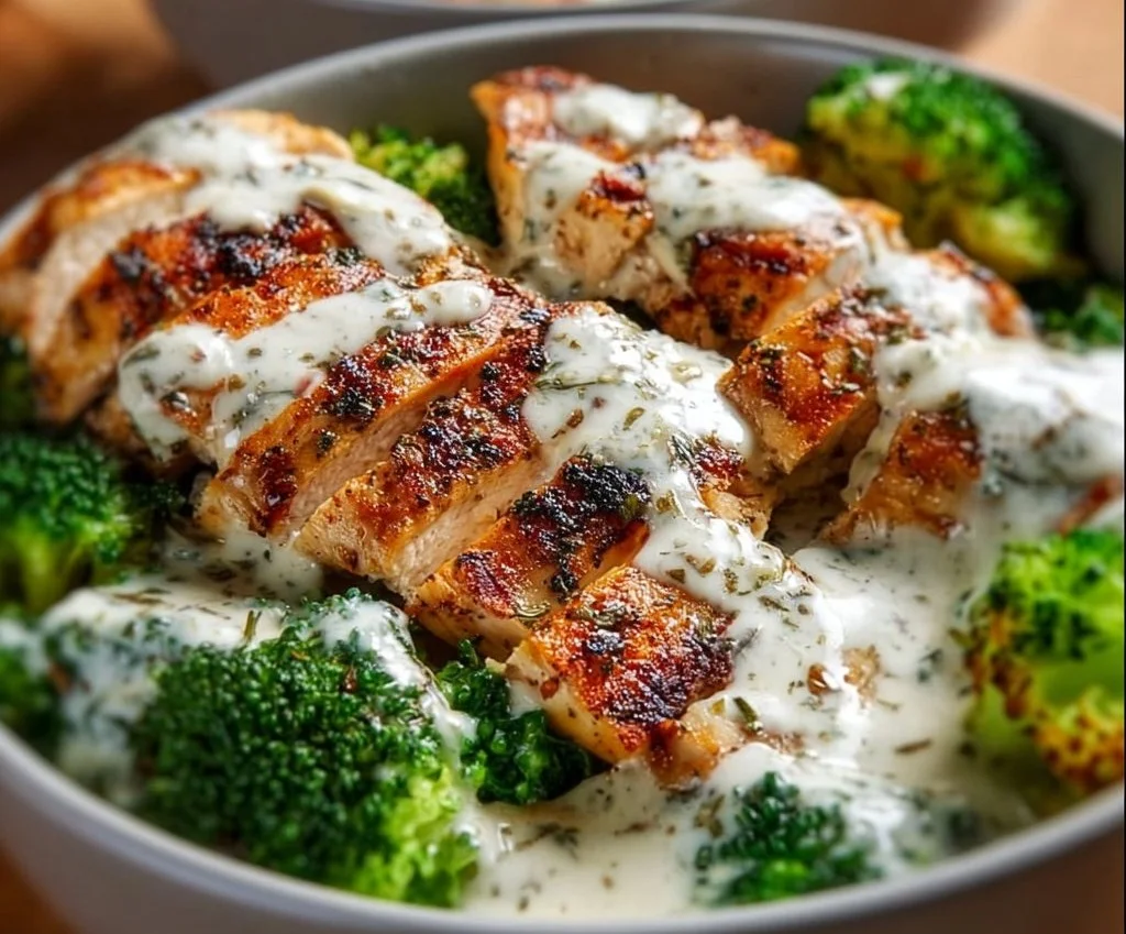 Bols de poulet grillé et brocoli, sauce à l’ail onctueuse