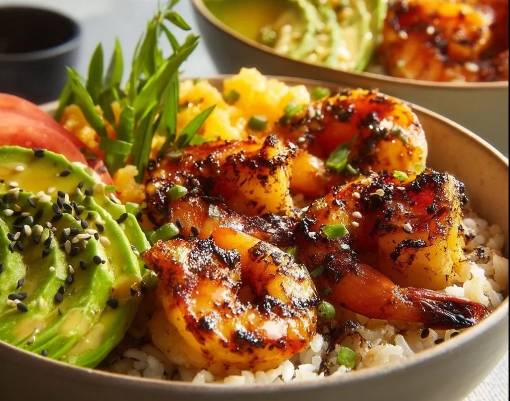 Bols nourrissants aux crevettes grillées et avocat, plat coloré et équilibré