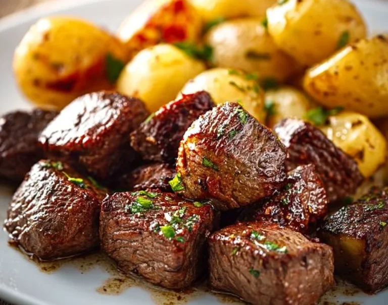 Bouchées de Steak à l’ail accompagnées de pommes de terre croustillantes