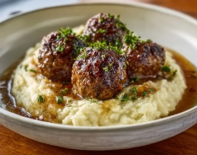 Boulettes de steak à la Salisbury avec purée de pommes de terre à l'ail et herbes