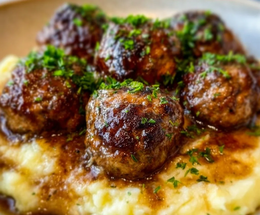 Boulettes de steak à la Salisbury avec purée de pommes de terre à l'ail et aux herbes