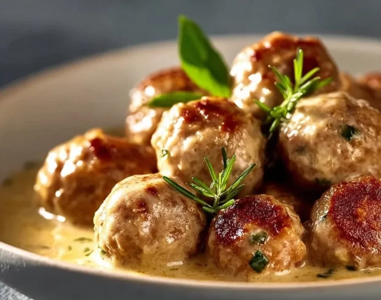 Boulettes de viande nappées d'une crème onctueuse sur assiette.