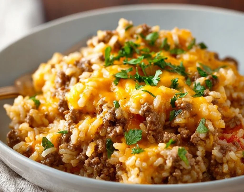 Casserole de riz au boeuf haché et fromage dans un plat coloré.