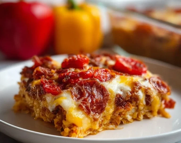 Casserole pizza à faible teneur en glucides, garnie de fromage fondu, familiale et savoureuse.
