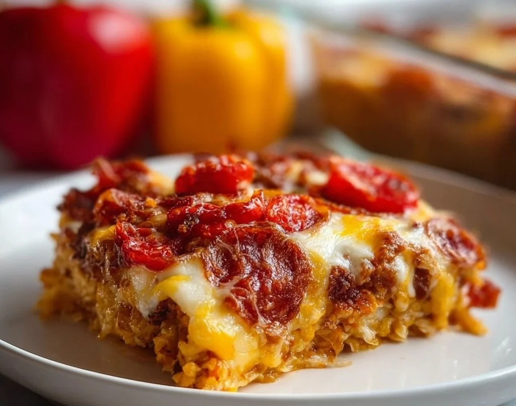 Casserole pizza à faible teneur en glucides, garnie de fromage fondu, familiale et savoureuse.