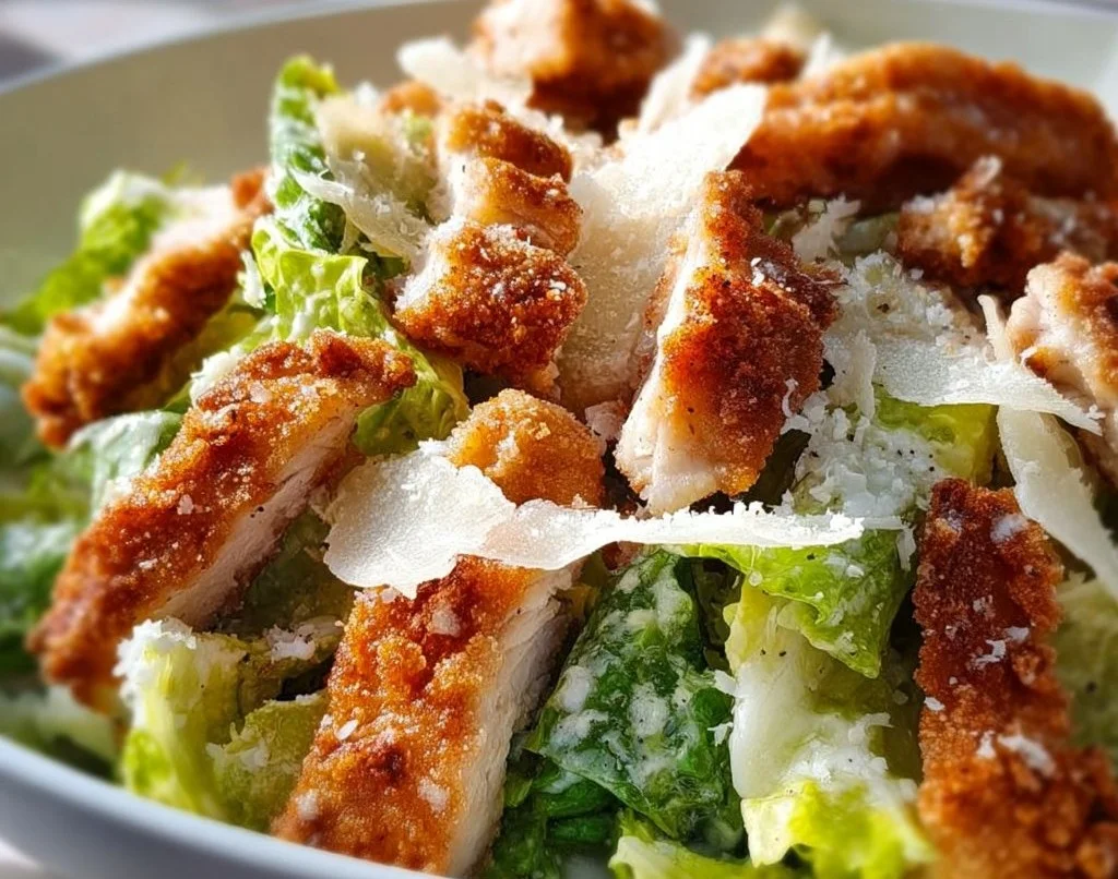 Salade César au poulet croustillant présentée dans un bol
