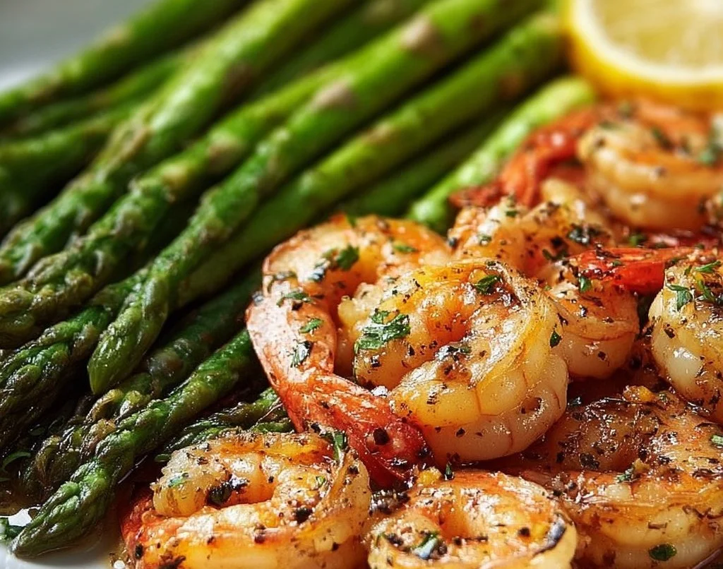 Crevettes à l’ail et asperges citronnées