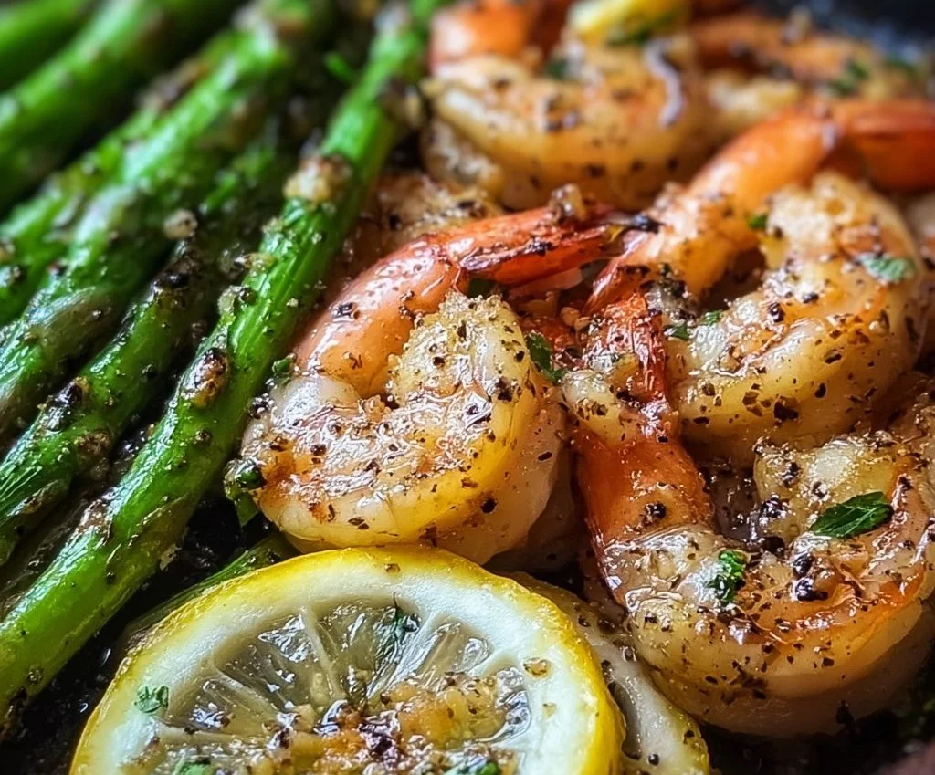 Crevettes à l’ail et asperges citronnées