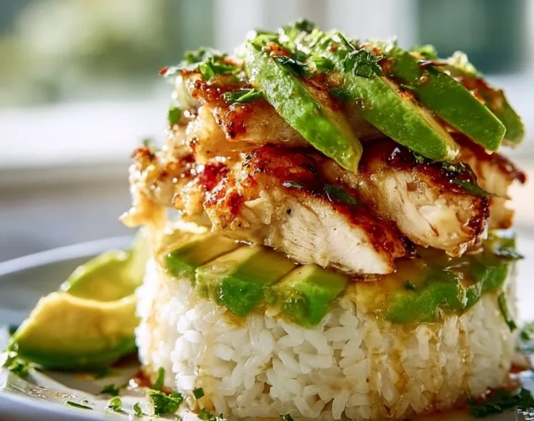 Empilement de riz au poulet au miel et citron vert avec avocat