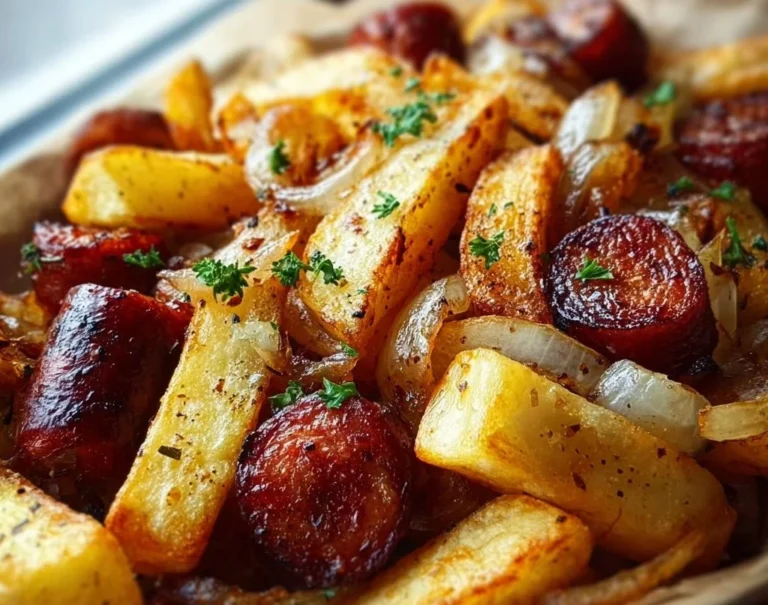 Frites croustillantes servies avec saucisse polonaise et oignons caramélisés
