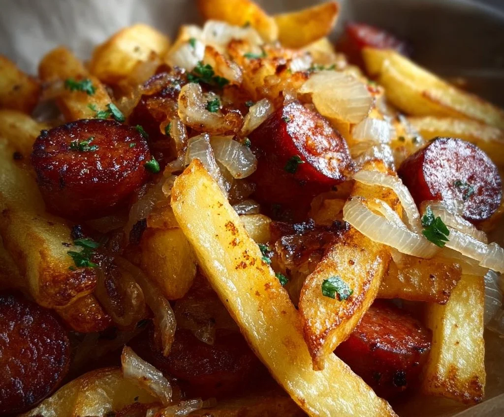 Frites croustillantes, saucisse polonaise et oignons caramélisés
