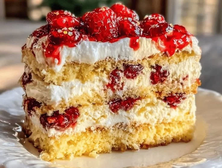 Gâteau à étages framboise-vanille avec miroir, facile en 5 étapes