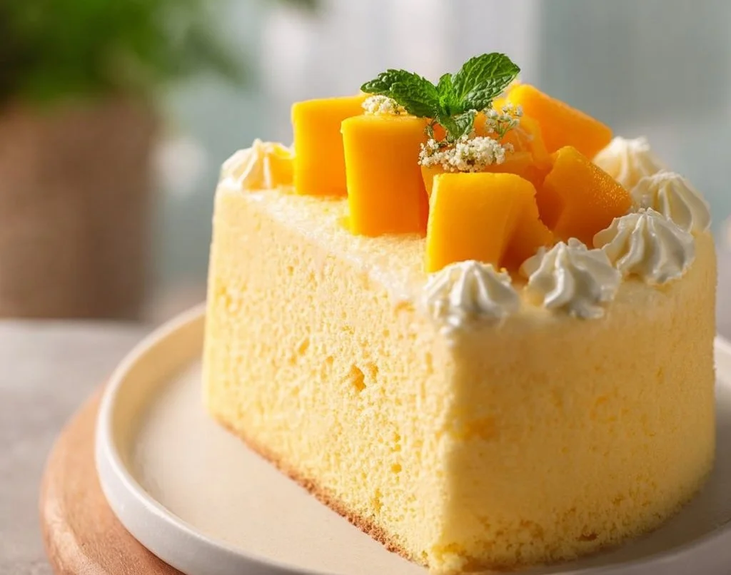 Gâteau à la mangue inspiré de la boulangerie asiatique avec une texture moelleuse