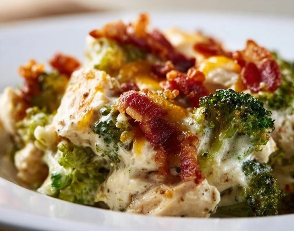 Gratin de poulet crémeux à faible teneur en glucides avec des brocolis et bacon