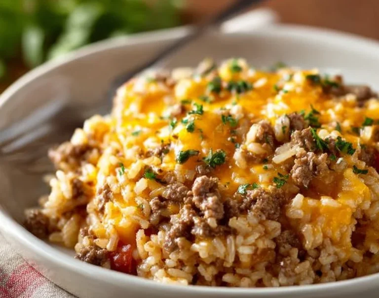 Gratin de riz au boeuf haché et fromage, plat réconfortant et savoureux