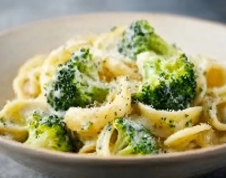 Pâtes au brocoli dans une sauce crémeuse servies dans une assiette