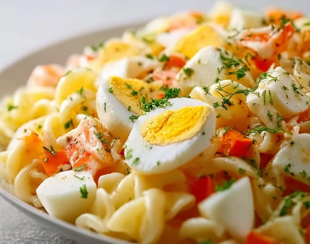 Pâtes en salade au surimi et œufs durs, un plat frais et savoureux