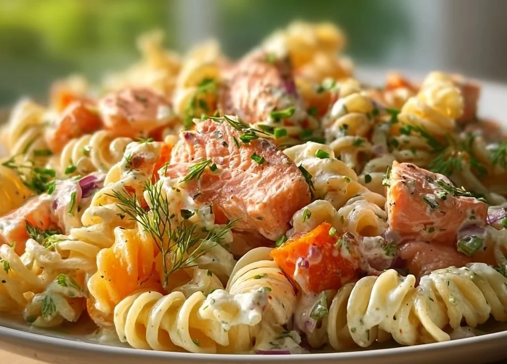 Assiette de pâtes froides au saumon et sauce crémeuse garnie d'herbes.
