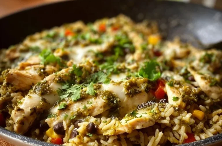 Poêlée de poulet au riz et salsa verde sur une assiette garnie