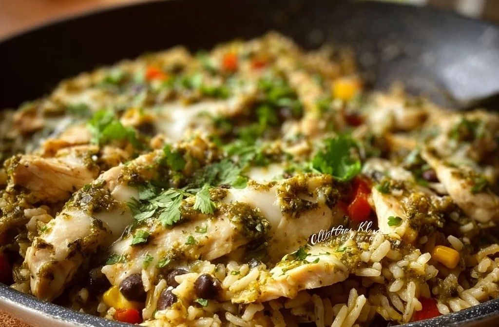 Poêlée de poulet au riz et salsa verde sur une assiette garnie