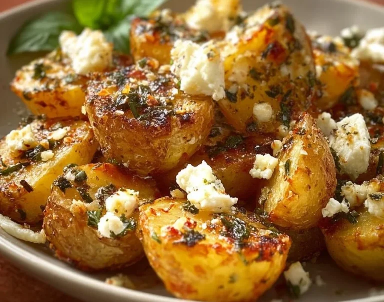 Pommes de terre rôties dorées avec feta sur une assiette