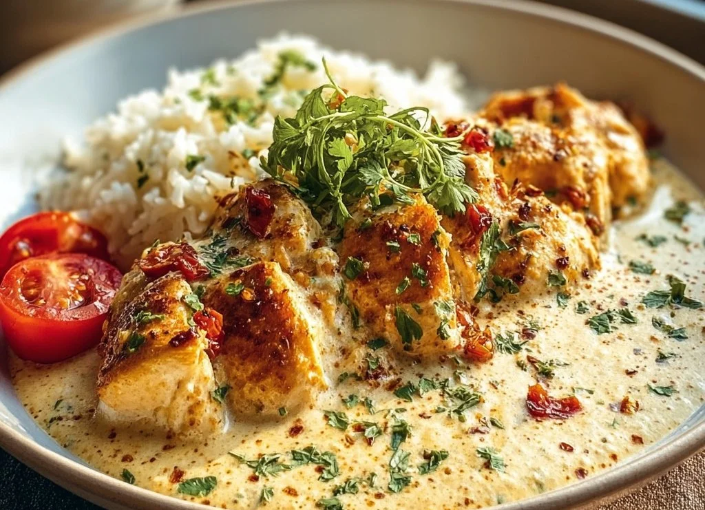 Recette de poulet crémeux au riz parfumé, un plat savoureux et réconfortant.